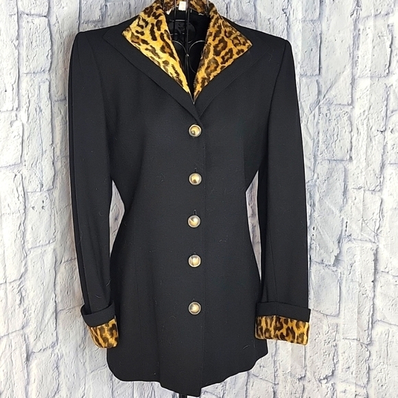 NOVIELLO BLOOM SUITS Black and Leopard Print Long Jacket Size 4